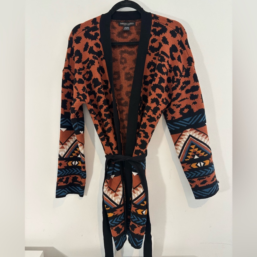 Sabrina Lauren Size Large Open Front Tie Cardigan Leopard Western Print